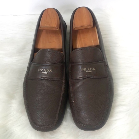 Prada Mens Brown Leather Round Toe Slip On Casual Loafer Shoes Size 10 Coa - Picture 1 of 10